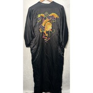 Vintage Pearls Chinese Golden Dragon Embroidered Silk Robe Kimono Medium No Belt